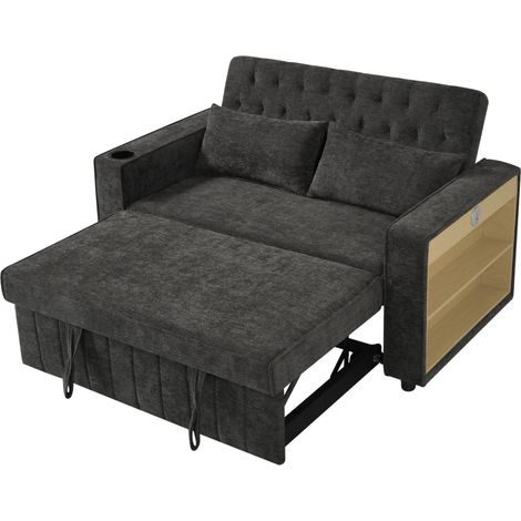 Sofá cama multifuncional gris de chenilla con almacenamiento, 2 plazas, puertos USB y portavasos (1/5)