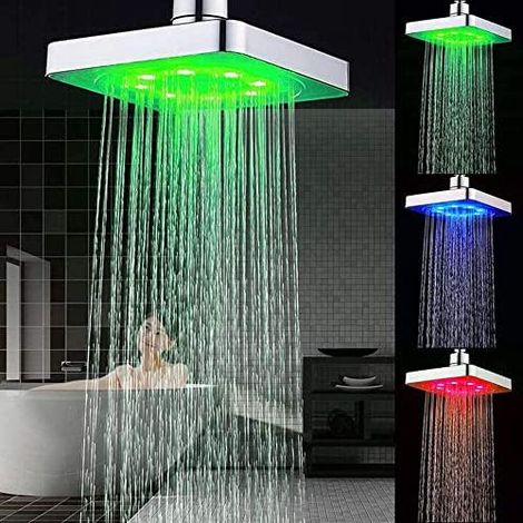 Pomme de Douche à LED, 20 cm Carré Tête de Douche à Effet Pluie en ABS 7 Couleurs Changement Economie d'Eau LED Pommeau de Douche pour Salle (1/5)