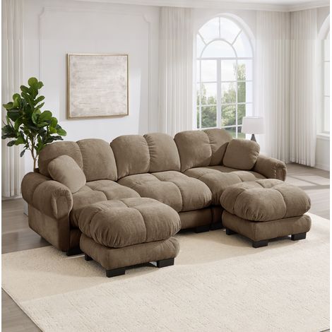 U-Sofa 3-Sitzer aus braunem Chenille mit beweglicher Ottomane und 2 Kissen OKMYHOME (1/5)