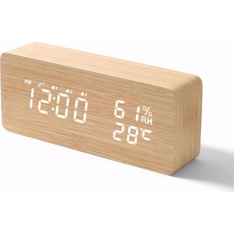 Réveil Numérique Radio-Contrôlé avec 3 Alarmes Indépendantes et Fonction Snooze–Reveil Bois avec Affichage de la Date, de la Température, Réglage du Volume et de la Luminosité (1/5)