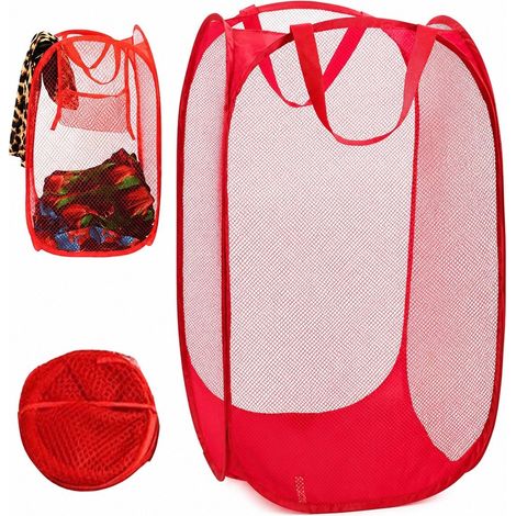 Panier à linge pour jouets, grand bac de rangement avec poignées, rouge, 65 L, pliable en filet (1/5)