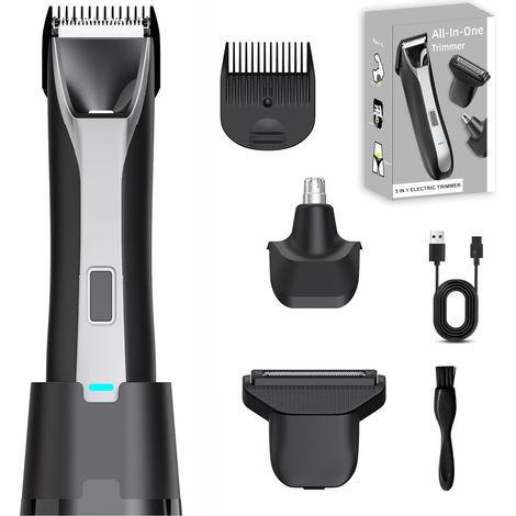 Tondeuse pour homme – Rasoir 3 en 1 pour poils pubiens et balle, rasoir étanche IPX7, kit de toilettage rechargeable pour une utilisation humide et sèche sur la barbe, le nez, la poitrine et les (1/5)