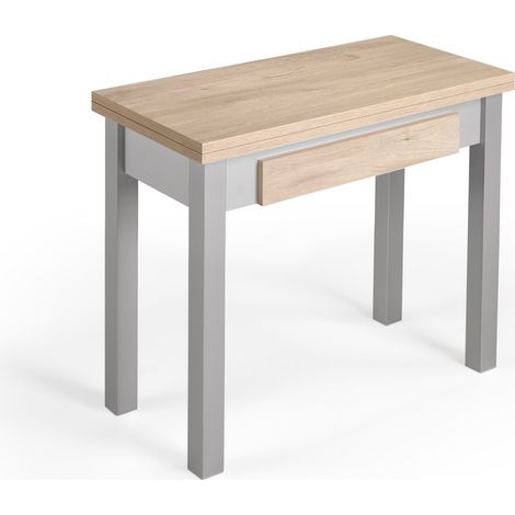 Herdasa, Mesa de cocina extensible, modelo LIV, en melamina y metal, 77x80x40cm, roble-gris