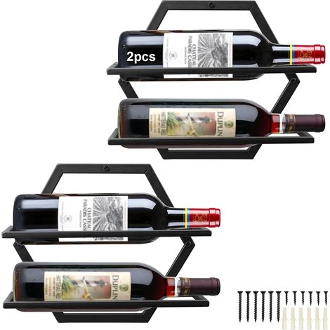 Casier à vin mural métal 2 bouteilles avec porte-verres noir