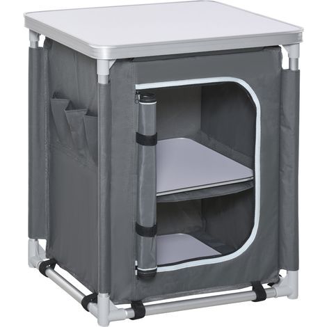 Faltbarer Campingküchenschrank mit 2 Einlegeböden und Tragetasche. Aluminium und Oxford-Gewebe, 60 x 49 x 70 cm, Grau