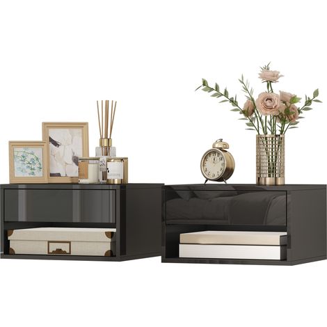 Set aus 2 wandmontierten Nachttischen mit Schublade, offenem Fach und Ablage, 37 x 32 x 21 cm, schwarz