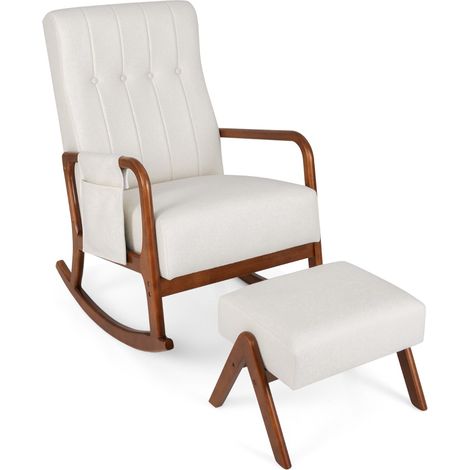 Poltrona a dondolo imbottita con schienale e tasca laterale, Sedia a dondolo con ottomana da poltrona relax Beige (1/4)