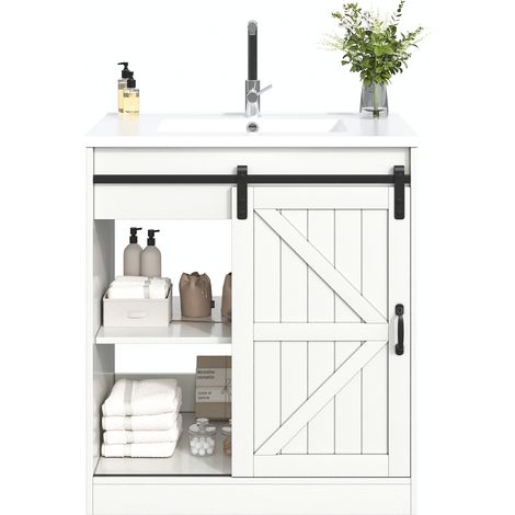 Meuble vasque salle de bain blanc avec porte coulissante style grange, vasque céramique, rangements et tiroirs pour optimiser votre espace bain - CHICFURN (1/5)