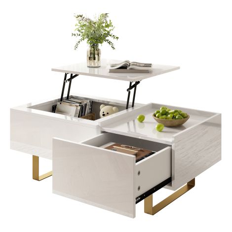 Tavolino regolabile in altezza, tavolino contenitore in MDF con superficie lucida, tavolino con cassetto e gambe in ferro, tavolo moderno per soggiorno. (1/5)