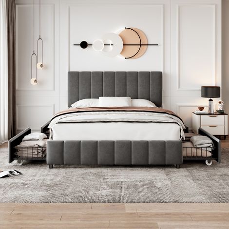 4ft6 Double Upholstered Bed with 4 Storage Drawers, Velvet Platform Bed Frame with Adjustable Channel Tufted Headboard, Metal-Wood Support, No Box Spring Needed, Easy Assembly, Grey (No Mattress)