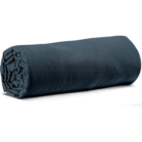 Drap Housse 180 x 200 cm en Coton Lavé Bleu Marine Bonnet 30 cm pour Lit Double - PANGIVO (1/3)