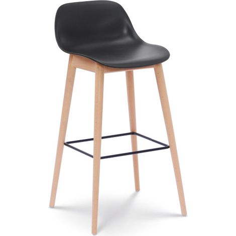 Tabouret de bar noir style scandinave avec pieds en bois naturel - Hauteur 76 cm