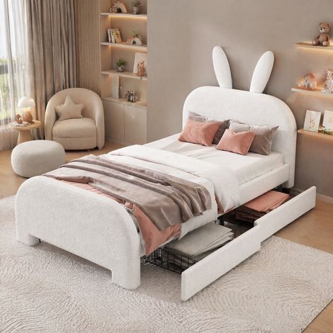 Lit enfant 90 x 200 cm en peluche blanche et MDF, tête de lit lapin rembourrée, 2 tiroirs de rangement, charge 110 kg pour chambre d'enfant – de FLORAGRACE (1/5)