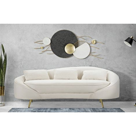 Dmora - Sofá fijo 3 plazas Verte, Sofá recto, Sofá para salón, Sillón doble con contenedor, 185x84 h68 cm, Crema y Oro (1/5)