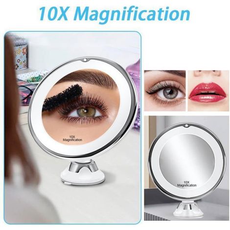 Miroir de maquillage grossissant x10 avec lumière LED à contrôle tactile, bras rotatif à 360 degrés et ventouse puissante (1/5)