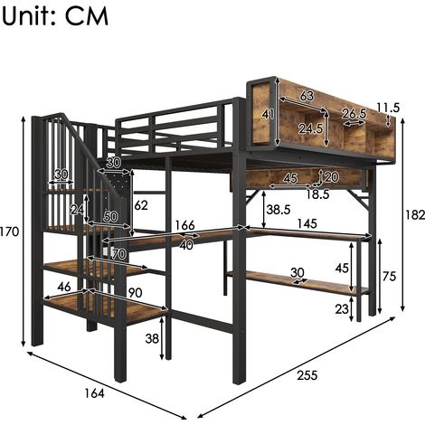 Lit mezzanine vintage marron et noir 140x200 cm avec bureau d'angle, espace de rangement et panneau perforé, prise USB Type-C et LED, grand lit mezzanine EN747 (sans matelas) (1/4)