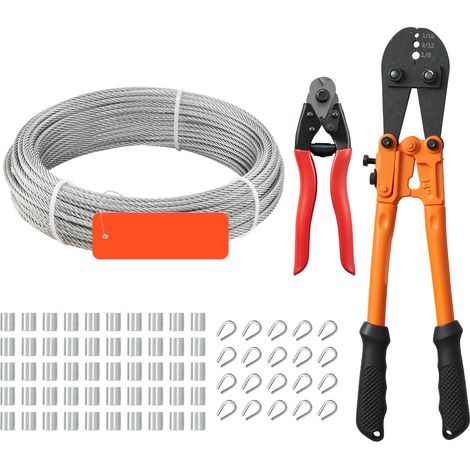 Mophorn Kit de cable de acero inoxidable de 30,5 m, trenzado 7 x 7, diámetro de 3,2 mm, capacidad de carga de hasta 725 kg, incluye herramienta de engaste y cortador de cables (1/5)
