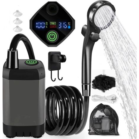 Camping Douche Portable, 6000mA 4 Spray Modes, avec Tuyau, Afficheur Intelligent pour Extérieure,for Hiking (1/4)