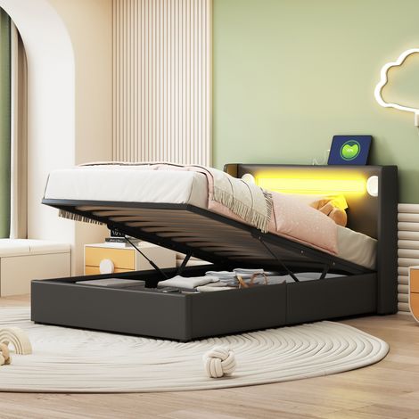 MEUBLIV Lit coffre 90 x 200 cm Lit enfant capitonné avec hydraulique rangement et LED lecteur Bluetooth 2 ports USB sommier à lattes,PU (1/5)