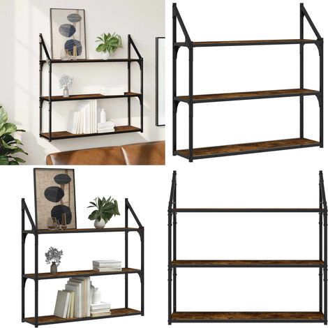 Étagère murale 3 niveaux chêne fumé 80x21x78,5 cm - Rangement mural - Étagère suspendue (1/5)