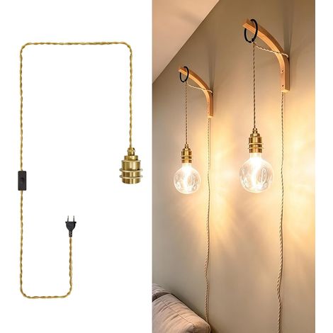 Lot de 2 suspensions avec prise et interrupteur, douille en céramique métal doré E27 avec câble de 3,5 m, kit de lampe suspendue vintage avec corde DIY pour cuisine, loft, entrepôt (1/5)