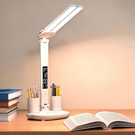 Lámpara de escritorio LED recargable con reloj, indicador de temperatura y puerto USB (blanca) (1/5)