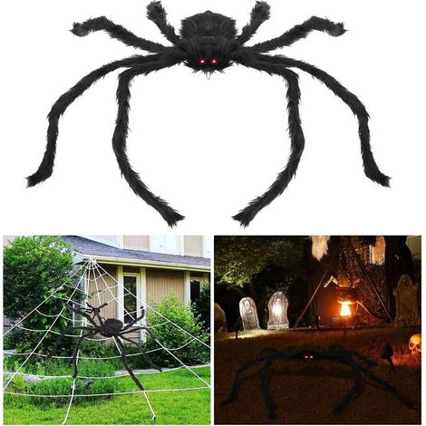 Araignée velue d'Halloween Araignée géante de 1 mètre de long avec des yeux brillants à LED Araignée en peluche effrayante pour la décoration d'Halloween (Noir)-Fei Yu (1/5)