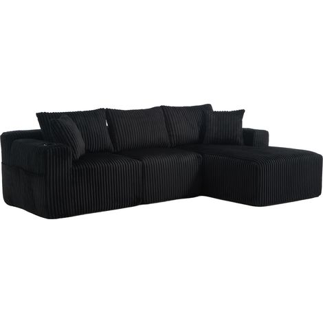 Sofa modulaire en velours côtelé avec chaise longue et canapé 2 places, 5 coussins, poches latérales et porte-gobelets, mousse haute densité, 257x90-160x62 cm (1/5)