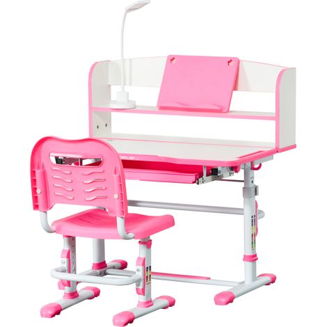 Bureau d'École pour Enfants de 6-12 Ans Réglable avec Lumière LED, Pupitre et Porte-Stylo, en MDF, PP et Acier, Rose (1/5)