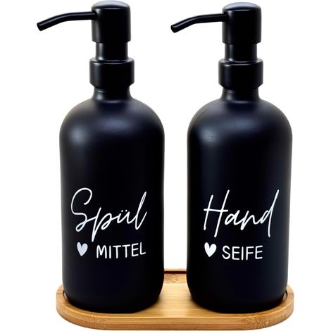 Lot de 2 distributeurs de savon - 500 ml - En verre noir mat - Aspect céramique - Avec pompe en acier inoxydable et plateau en bambou - Pour cuisine et salle de bain (1/5)