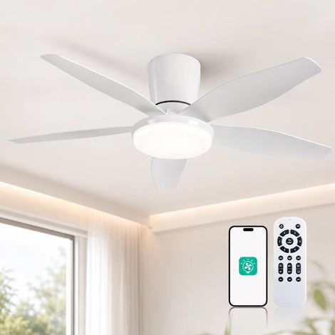 Ventilateur de plafond LED 20″ – Application & télécommande, 3 couleurs réglables – 6 vitesses, moteur réversible – Design cristal, minuterie – Montage bas profil – Idéal pour chambre et salon (1/5)