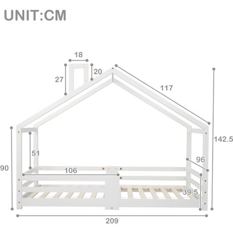 Lit cabane pour enfant avec cheminée, protection antichute, sommier à lattes robuste, en pin, 90 x 200 cm, sans matelas, blanc