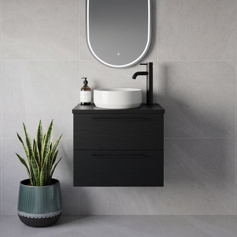 Napoli 390 Nero Oak 600mm Wall Mounted 2 Drawer Vanity Unit for Countertop Basins - 600mm - Matt Black 320mm Handle