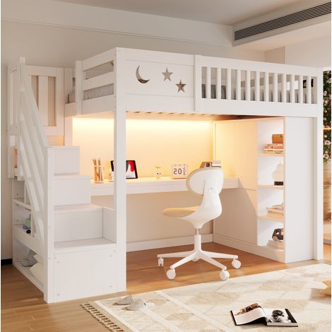 MODFU – Cama alta infantil 90x200 cm de pino/MDF con escritorio, LED, enchufes, compartimentos, escalera y carga 120 kg – Blanco (1/5)
