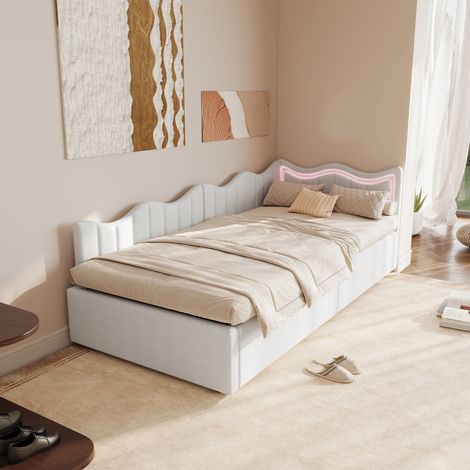 Einzelbett 90 x 200 cm - Schlafsofa mit Bettkasten, 7-Farben-LED und gewelltem Kopfteil - Teddy-Samt - Weiß