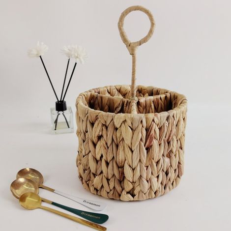 17 x 17 x 13 cm Porte-ustensiles tissé avec poignée, 3 compartiments, organiseur de couverts de comptoir, récipient à couverts rustique en jacinthe d'eau pour pique-nique, fête, buffet, (1/5)