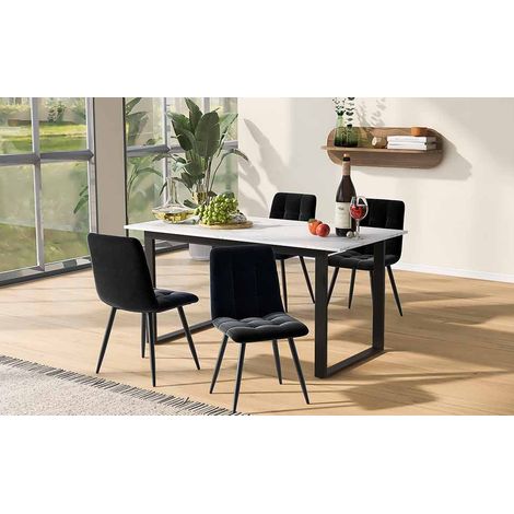 Ensemble salle à manger noir moderne : table 140/180×80×75 cm avec 4 chaises velours noir, plateau MDF blanc, pieds noirs (1/4)