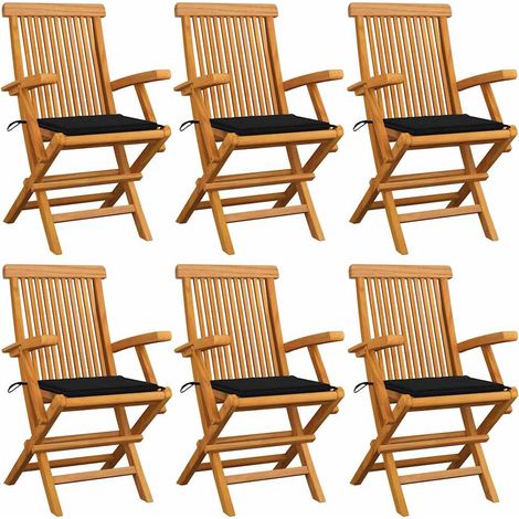 vidaXL Sillas plegables con cojines negros, 6 unidades, madera maciza de teca. (1/5)