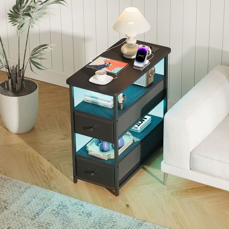 Nachttisch mit 2 Schubladen und LED-Streifenbeleuchtung, 4 Ebenen mit großem Stauraum, modernes Design, Schwarz (1/5)
