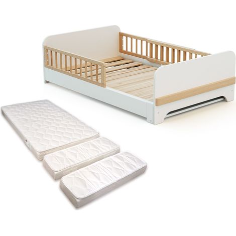 JURABABY - Lit au sol enfant extensible en bois 80x140-165-190 CARROUSEL avec matelas - Blanc (1/5)