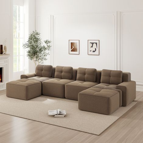 Modulsofa Cord Braun, 4-Sitzer, U-Form, tiefer Sitz 74 cm, montagefrei