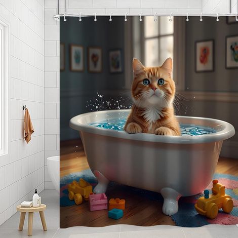 Rideau de Douche drôle Chat 180x200, Chat Mignon dans Les baignoires Enfants imperméable Polyester Tissu Lavable Rideau de Bain pour Salle de Bain avec Crochets (1/5)