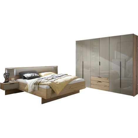 Chambre à coucher (Armoire + Lit adulte 160x200 cm + 2 chevets) coloris imitation chêne Artisan, Façade verre gris (1/2)