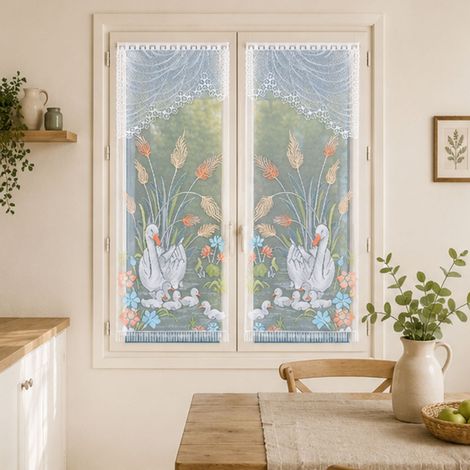 Paire de vitrages frangés en dentelle avec cygnes Vert 60x160 cm (1/2)