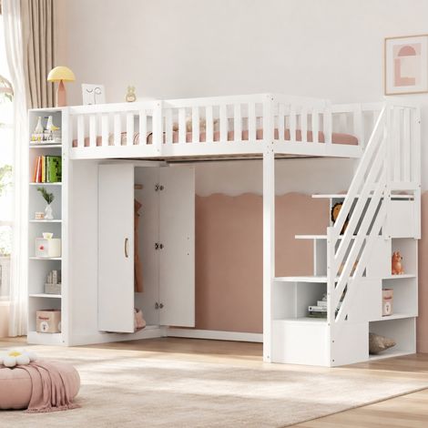 Letto a soppalco 90x200 cm con scaffali, armadio e scala di sicurezza bianca HAVRYA (1/5)