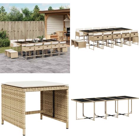 15-tlg. Garten-Essgruppe mit Kissen Beige Poly Rattan - Gartenmöbel Set - Gartentisch - Gartenstühle - Gartenhocker - Rattan Möbel - Home & Living