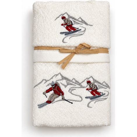Set Asciugamani Tirolese Sciatori Panna in Spugna 100% Cotone con Ricamo Made in Italy (1/5)