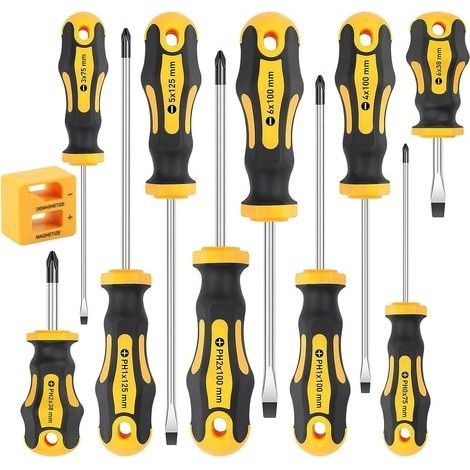 10 Pièces Tournevis Magnétique, 5 Taille Toute Épreuve Tournevis en Acier au Chrome Vanadium 5 Tournevis Plats et 5 Cruciformes avec Poignée Antidérapante - avec Boîte à Outils (1/5)