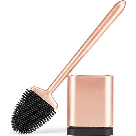 Brosse WC en silicone, brosse WC et support en silicone, brosse WC à séchage rapide, à suspendre à plat avec long manche, balai de salle de bain, autoportant/mural, or rose mat (1/4)