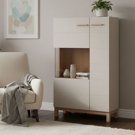 Vitrina Mezzago, Mueble expositor 2 estantes, apertura abatible, 2 puertas, 77x35x128h cm Beige (1/5)